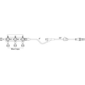 3-Gang Large Bore 4-Way Hi-Flo Manifold with Non-Vented Blue Caps on Middle Ports  Detachable Standard Bore Extension  SmartSite Needle-Free Valve  Pinch Clamp - SM7223SC